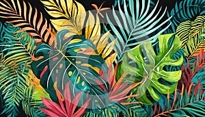 A cohesive and vibrant design depicting a tropical theme with palm leaves and monstera on a contrasting dark backdrop, photo