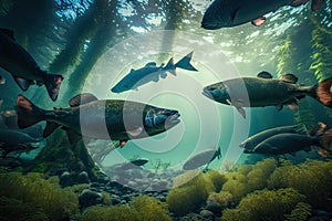 Coho Salmon Fish Underwater Lush Nature by Generative AI