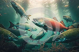 Coho Salmon Fish Underwater Lush Nature by Generative AI