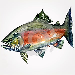 Coho Salmon Fish Watercolor on a White Background Generative AI