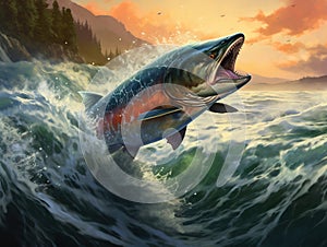 Coho Salmon jumping out of the Pacific Ocean