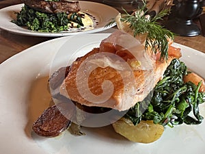 Coho Salmon and Steak Plates with Broccoli, Spinach and Potatoes topped with fennel