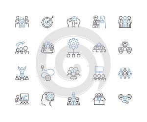 Cohorts line icons collection. Group, Team, Gang, Batch, Assembly, Squad, Tribe vector and linear illustration. Cluster