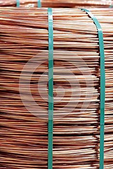 coil of 8 mm bare copper wire rod close up