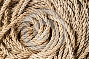 A coil of old rope close-up.