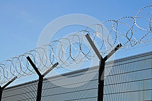 Coiled barbed wire security fence.