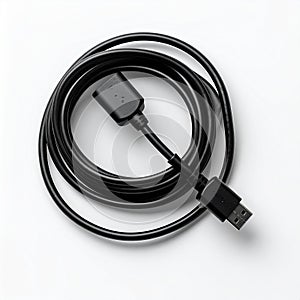 Coiled Black USB Data Cable on White Background