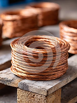 Coiled copper wire for industrial and construction purposes.