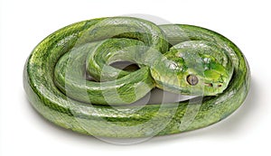 Coiled Green Snake on White Background