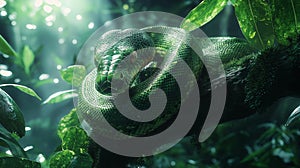 Coiled green tree python resting among lush foliage in a rainforest environment