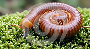 Coiled Millipede: A Fascinating Creature Resting on Green Moss photo