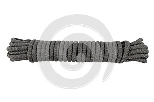 Coiled nylon rope isolated on white background. Striped nylon rope isolated. A coil of new colored rope