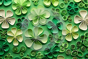 coiled paper shamrocks create a stunning, artistic pattern, showcasing the meticulous craft of paper quilling