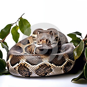 Coiled Python Snake With Green Leaves On White Background