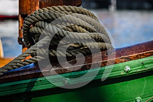 Coiled rope on the edge of a ship