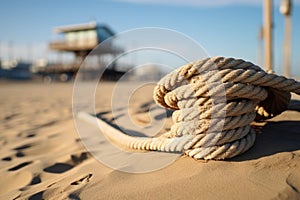 Coiled rope on sandy beach with pier in background