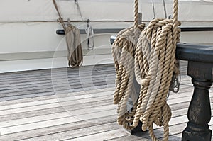 Coiled ropes on sailing ship