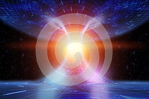 The coiled space of time is connected by a tunnel or wormhole, the Einstein-Rosen Bridge. Science Fiction, space travel, photo