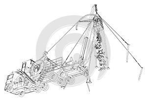 Coiled tubing Truck unit machine. The layers of visible and invisible lines are separated. EPS10 format. Wire-frame