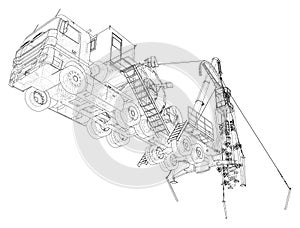 Coiled tubing Truck unit machine. The layers of visible and invisible lines are separated. EPS10 format. Wire-frame