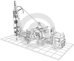 Coiled tubing Truck unit machine. The layers of visible and invisible lines are separated. EPS10 format. Wire-frame