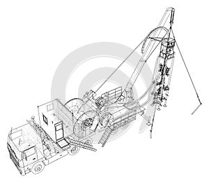 Coiled tubing Truck unit machine. The layers of visible and invisible lines are separated. EPS10 format. Wire-frame