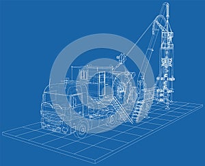 Coiled tubing Truck unit machine. The layers of visible and invisible lines are separated. EPS10 format. Wire-frame