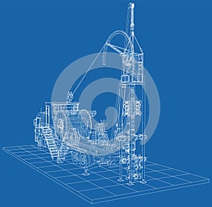 Coiled tubing Truck unit machine. The layers of visible and invisible lines are separated. EPS10 format. Wire-frame