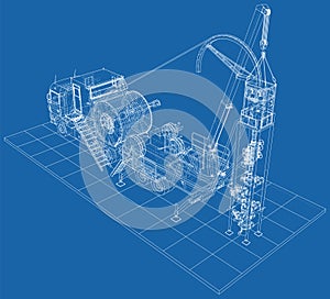 Coiled tubing Truck unit machine. The layers of visible and invisible lines are separated. EPS10 format. Wire-frame