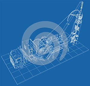 Coiled tubing Truck unit machine. The layers of visible and invisible lines are separated. EPS10 format. Wire-frame