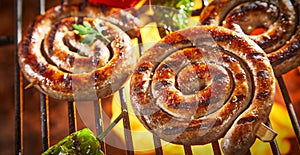 Coils of barbecued sausage on a hot fire