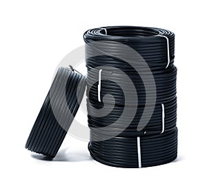 Coils of black cable isolated on white background