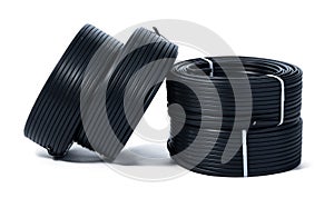 Coils of black cable isolated on white background