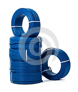 Coils of blue cable isolated on white background