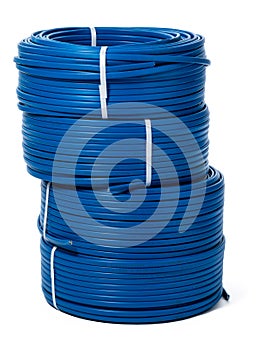 Coils of blue cable isolated on white background