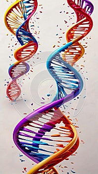 Coils of DNA in rainbow colors against a white background. AI generated illustration