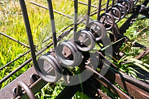 Coils of rake tines on antique iron hay rake photo