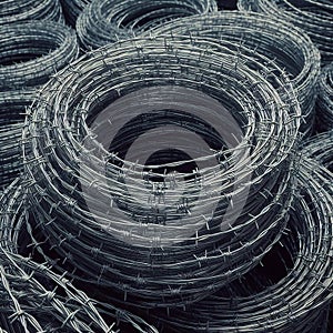 Coils of razor wire as used in detainment camps and prisons and borders. Generated AI
