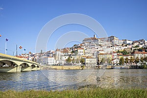 Coimbra cityscape with Santa Clara Bridge over Mondego river,  Portugal