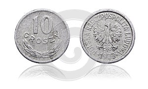 Coin 10 pennies with a mirror image. Poland, 1973