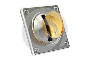 Coin Acceptor with golden coin, 3D rendering photo