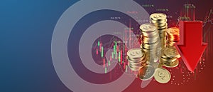 coin with arrows down chart in the investment market data business 3d illustration