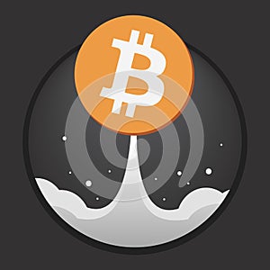 Coin bitcoin is like a Rocket with a plume against the dark sky.