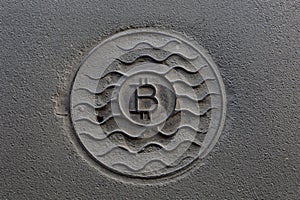 Coin bitcoin is rusty. On a gray dirty background