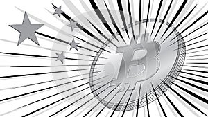 Coin of bitcoin with stars from Chinese flag and rays in gray colors on white background. China one of leaders in BTC mining with