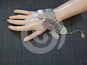 Coin bracelet ethnic boho gypsy style silver color bijou with blue rinestones