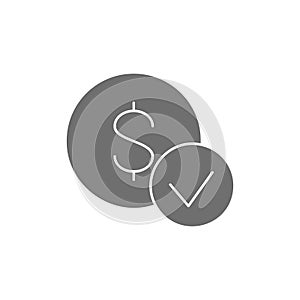 Coin with check mark, best choice, quality control, approved grey fill icon. Finance, payment, invest finance symbol