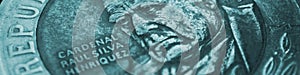 Coin of 500 Chilean pesos ÃÂlose-up. Peso of Chile. News about economy or banking. Loan and credit. Wages and money. Turquoise photo
