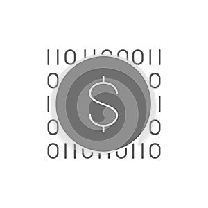Coin with code, digital money, e-money, mobile payment grey fill icon. Finance, payment, invest finance symbol design.