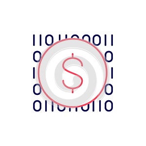 Coin with code, digital money, e-money, mobile payment outline color icon. Finance, payment, invest finance symbol